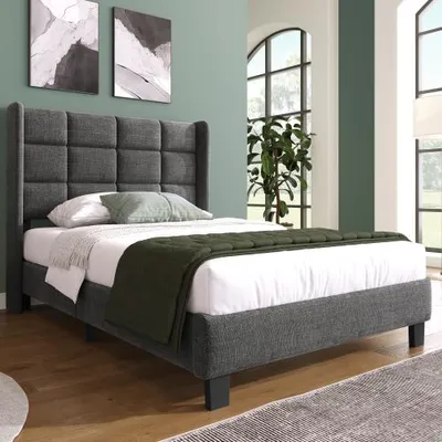 Produktbild von Modernes Design Polsterbett Mit seinem gepolstertes Kopfteil Einzelbett mit Lattenrost, 90x200cm ,in Grau Leinen, mittelfest (Ohne Matratze)