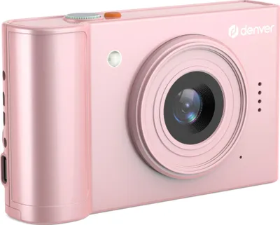 A pink digital camera is shown against a white background.