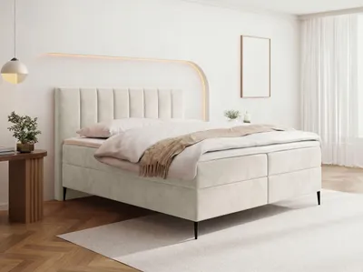 Produktbild von Boxspringbett mit Bettkasten – Polsterbett 160 x 200 cm mit H4 Taschenfederkern 7-Zonen Matratze & 5 cm Topper – Stauraumbett mit hohem Kopfteil & Metallfüße – Samt Velours Creme