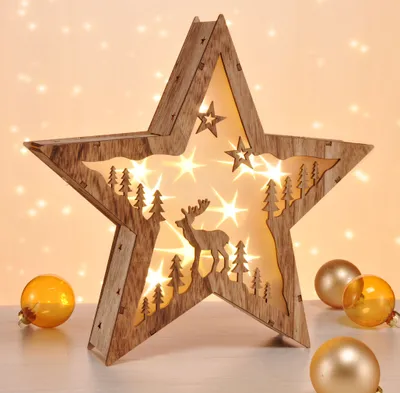 Produktbild von LED Weihnachtsstern aus Holz 30 cm - Rentier - Deko Aufsteller warm weiß beleuchtet - Weihnachten Advent Winter Stern Tisch Deko Beleuchtung Batterie betrieben
