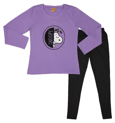 Productafbeelding van Het Peanuts damespyjama set met Snoopy - damespyjama, lange mouwen top met broek, paars/zwart, maat S