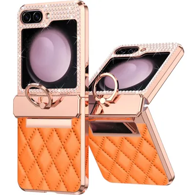 Immagine prodotto di Custodia in pelle per Samsung Galaxy Z Flip 5 con supporto ad anello, custodia protettiva lucida con protezione della cerniera Arancione