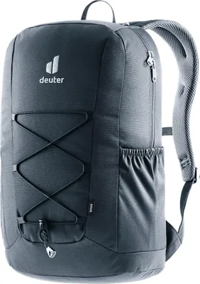 A dark gray Deuter backpack is shown from the front.