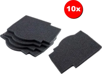 A stack of black foam filters and one filter placed separately, on a white background.