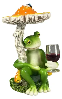 Produktbild von Cartoon-Pilz-Froschstatue mit Weinglas, Froschfigur aus Kunstharz, Tierskulptur für drinnen und draußen, Gartendekoration aus Garn