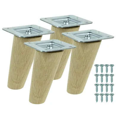 Produktbild von Möbelbeine aus massiver, unbehandelter Eiche, schräge Form, 10 cm, Montagefertiges Set, 4 Stück mit Schrauben
