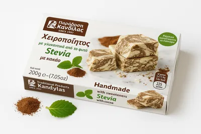 Produktbild von Kandylas, Halva, Griechischer, Kakao Halva mit Stevia, Halva 200g, GRIECHISCHES PRODUKT, Süßigkeiten, Griechisches Halva