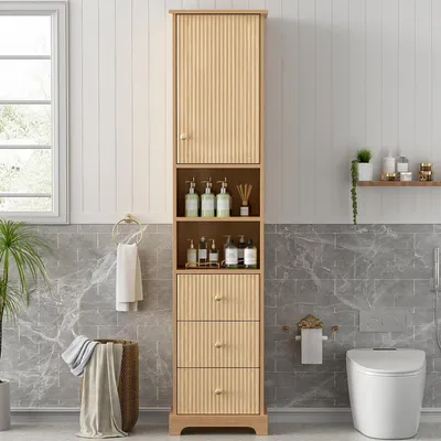 Immagine prodotto di Mobile bagno alto 172 cm effetto legno naturale, mobile bagno in MDF con 3 cassetti e maniglie dorate, struttura in PVC, chiusura ammortizzata, mobile dal design sottile