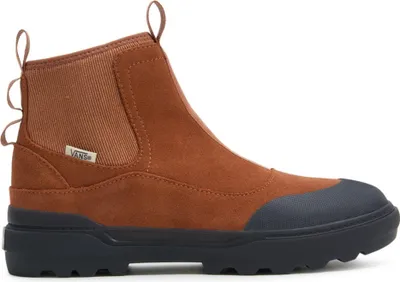 A side view of a brown Vans boot with a black sole.