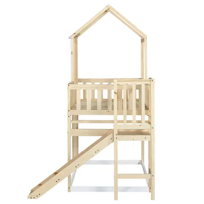 Produktbild von Flieks Etagenbett 90x200cm mit Lattenrost, Kinderbett mit Rutsche und Leiter, Hausbett mit Rausfallschutz, Einzelbett Massivholzbett
