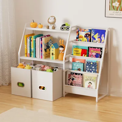 Productafbeelding van Solidchoice - Montessori Kinderboekenrek met 4 Planken en 2 Opbergmanden