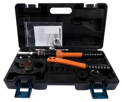 Produktbild von Hydraulische Presszange - V-Kontur Rohrpresswerkzeug - Backenset 12–28 mm - Für Kupfer- und Edelstahlrohre - Handpresszange - Orange