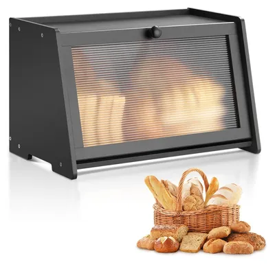 Image de Boîte à pain VEVOR pour le comptoir de la cuisine Boîte à pain Organisateur de pain en bois pour le pain fait maison, boîte de rangement avec plaque de porte en acrylique ondulée, rangement du pain Noir