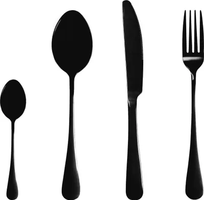 Produktbild von Krumble Besteck-Set 24 Stück - 6 Personen - Besteck-Set besteht aus einem Messer, Gabel, Löffel und Dessertlöffel - Besteck-Set halbmatt - Tafelmesser - Tafellöffel - Stahl - Schwarz