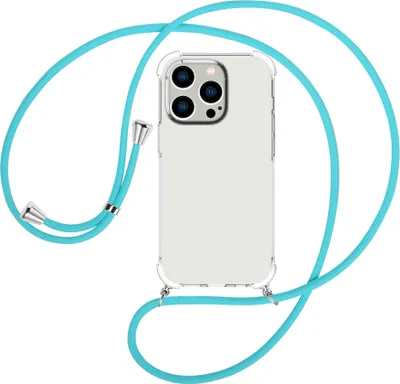 Produktbild von Handykette Backcover-Schutzhülle mit Band (Metall silberfarben) für Apple iPhone 15 Pro - türkis