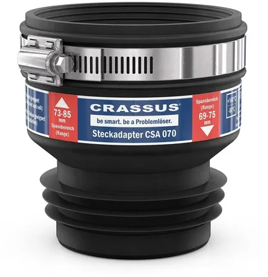 A close-up studio shot of a black pipe adapter with a metal clamp and a label.