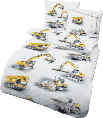 Produktbild von Liebherr Kinderbettwäsche Biber 135x200cm 100% Baumwolle Silber Gelb Bagger Foto-Print Reißverschluss Ganzjährig Winter 80x80cm Kissen