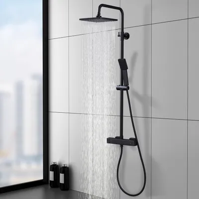 Produktbild von HOMELIVE Duschset Regendusche Quadratisch Thermostat Duschsystem Schwarz Komplettdusche Regendusche Verstellbar Brausestangenset mit Armatur Edelstahl
