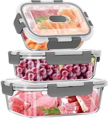 Image de Boîtes repas en verre 3 pièces, récipients en verre sans BPA avec couvercles, récipients de conservation en verre avec couvercles, bols en verre avec couvercles (1040 ml, 640 ml, 320 ml)
