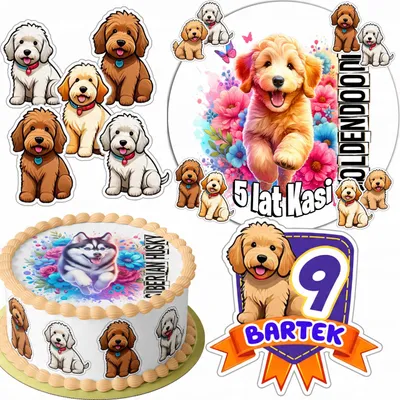 Zdjęcie produktu dla Zestaw Opłatek Na Tort 20Cm + 16 Postaci - Psy Goldendoodle +Imię 15Cm 18Cm