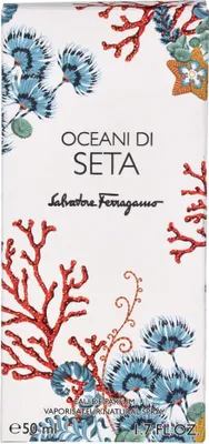 The image shows the packaging for a Salvatore Ferragamo perfume called Oceani di Seta. The packaging is white and decorated with illustrations of coral and sea anemones.
