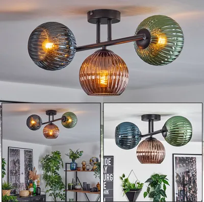Produktbild von Cesaro 3-flammige Deckenlampe aus Metall/Riffelglas in Grün/Blau/Kupfer