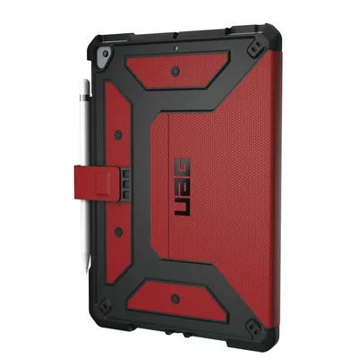 A red and black UAG iPad case with an Apple Pencil attached.