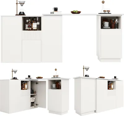 Produktbild von Um 360° drehbarer Bartisch (Hauptkörper 210 x 30 x 100.9 cm), modernes und schlichtes Weiß Design, mit offenem Stauraum und Marmor-Arbeitsplatte