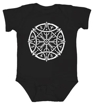 Immagine prodotto di Body per neonato, nero, con rune vichinghe, simbolo dell'Aegishjalmur (elmo della paura), Vegvisir, mitologia nordica, taglia 3/6 mesi