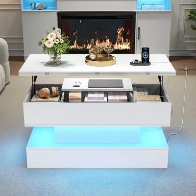 Produktbild von Merax Couchtisch mit LED-Licht und Steckdose, USB & Typ-C-Anschluss, Beistelltisch mit anhebbare Tischplatte, höhenverstellbare Wohnzimmertisch, Weiß