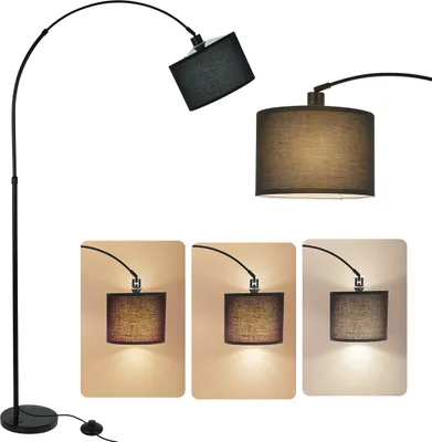 A collage of images showing a black arc floor lamp with a fabric shade, including close-ups of the shade and different lighting effects.