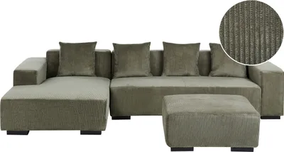 Produktbild von BELIANI 4-Sitzer Ecksofa Grün Stoffbezug Cord L-Förmig mit Ottomane Chaiselongue Rechtsseitig 4 Dekokissen Modern Wohnzimmer Wohnlandschaft Sofa