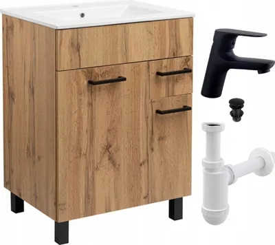 Zdjęcie produktu dla Szafka do Łazienki z Umywalką Stojąca 60x47cm Dąb Wotan +Bateria Czarna Sig
