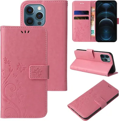 Produktbild von Handyhülle für Apple iPhone 12 Floral Blumen Schmetterling Flip Cover Hülle Case Klapphülle Handytasche Farbe: Rosegold