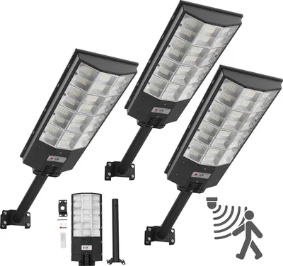 Obrázek produktu pro VEVOR Solární pouliční lampa 450000LM, pouliční lampa 8000W, solární lampa s čidlem soumraku, LED reflektor s pohybovým čidlem, IP67 vodotěsné venkovní osvětlení, pro příjezdovou cestu a dvůr, balení po 3 kusech