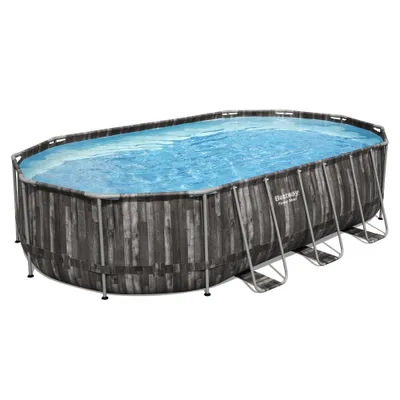 Produktbild von Bestway Oval Power Steel Swimmingpool – 610 x 366 x 122 – Grau – inklusive Pumpe – Leiter – Abdeckung Wartungspaket - Filter - Bodenfliesen