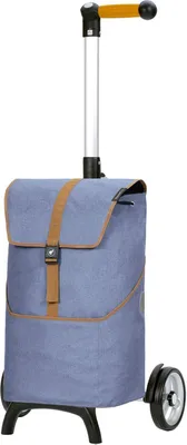 A shopping trolley with a blue fabric bag and a yellow handle.