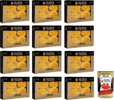 Produktbild von 12x Filotea Linguine Pasta all'Uovo,Eierlinguine,Eiernudeln aus italienischen Rohstoffen,Packung mit 500g + Italian Gourmet Polpa di Pomodoro 400g Dose