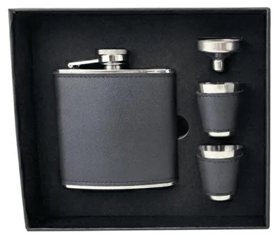 Produktbild von Angelo Flachmann Geschenkset Edelstahl mit schwarzer Lederhülle, 180ml, 3-teilig