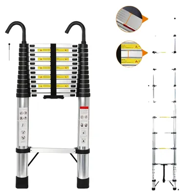 Image de Échelle télescopique, acier inoxydable, caractéristiques de sécurité antidérapantes, 51 m, crochet inclus