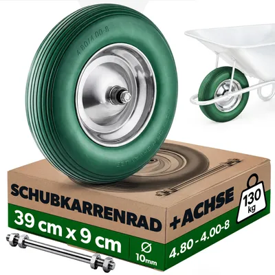 Produktbild von KADAX PolyurethanSchubkarrenrad 390 x 90 mm mit Achse und robuster Stahlfelge, Schubkarre Rad, pannensicheres Ersatzrad 4.80/4.00-8 aus Polyurethan