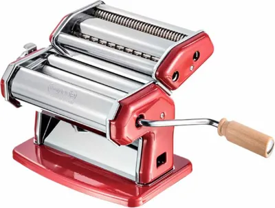 A red and silver pasta maker with a wooden handle on a white background.