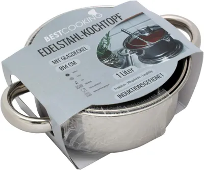 Produktbild von Edelstahl-Kochtopf mit Glasdeckel, 1 L, 14 cm