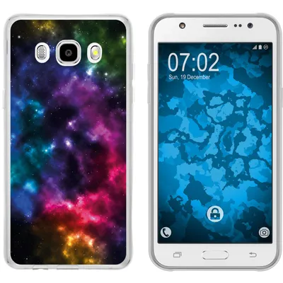 A collage showing a phone case with a space nebula design and a smartphone with a blue camouflage wallpaper.