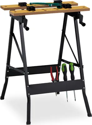 Produktbild von Relaxdays Werkbank klappbar, bis 100 kg, verstellbarer Arbeitstisch, 4 Spannbacken, HBT 75,5 x 56 x 62 cm, natur/schwarz