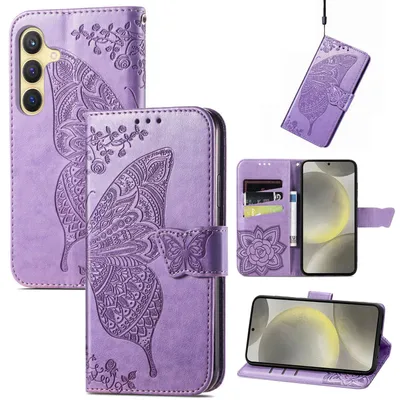 Productafbeelding van Voor Samsung Galaxy S25 FE 5G: Kunstleren telefoonhoesje met portemonnaie, vlinderdesign, lichtpaars