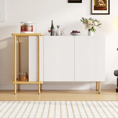 Produktbild von Fortuna Lai Moderner weißer Sideboard-Schrank mit 2 Türen und 2 offenen Fächern, Couchtisch aus Metall/Glas,Weiß,120 x 40 x 77.5 cm (LxBxH)