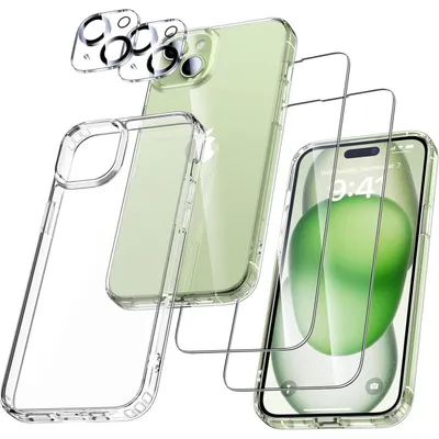 Produktbild von Hülle Set für iPhone 15 (6.1 Zoll) Transparent 5-in-1: 1 Hülle, 2 Schutzfolien, 2 Kameraschutz