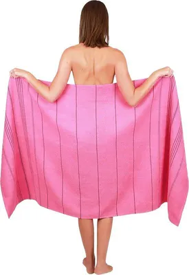 Produktbild von Unyqoos® XXL-Badetuch 90 x 180 cm, gestreift, 100% Baumwolle, Fuchsia - Strand- & Pooltuch mit Aufhängeschlaufe, Standard 100, 1 Stück