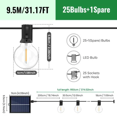 Obrázok produktu pre Solárne LED svetelné reťaze - G40 - 9,5 m s 26 žiarovkami - diaľkové ovládanie - 8 režimov blikania - stmívateľné - IP44 - teplá biela